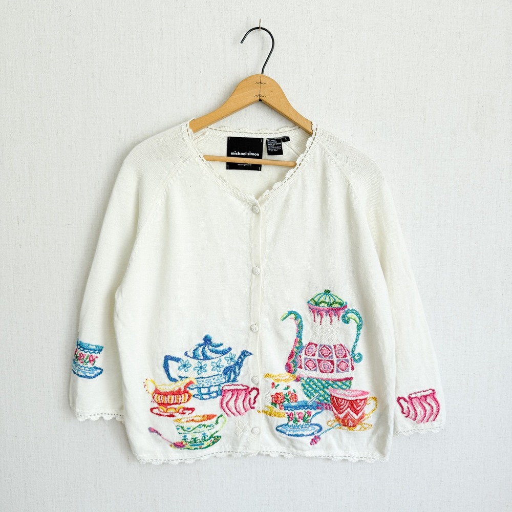 Michael Simon Cardigan Tea Party Embroidered Lace Trim L White Vintage Cotton